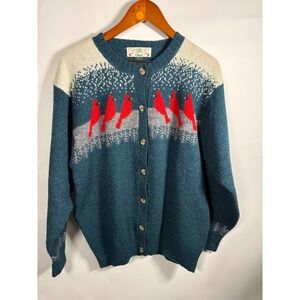 Orvis Shetland Wool Cardinal Bird Sweater Cardigan Teal Blue XL Vintage Winter